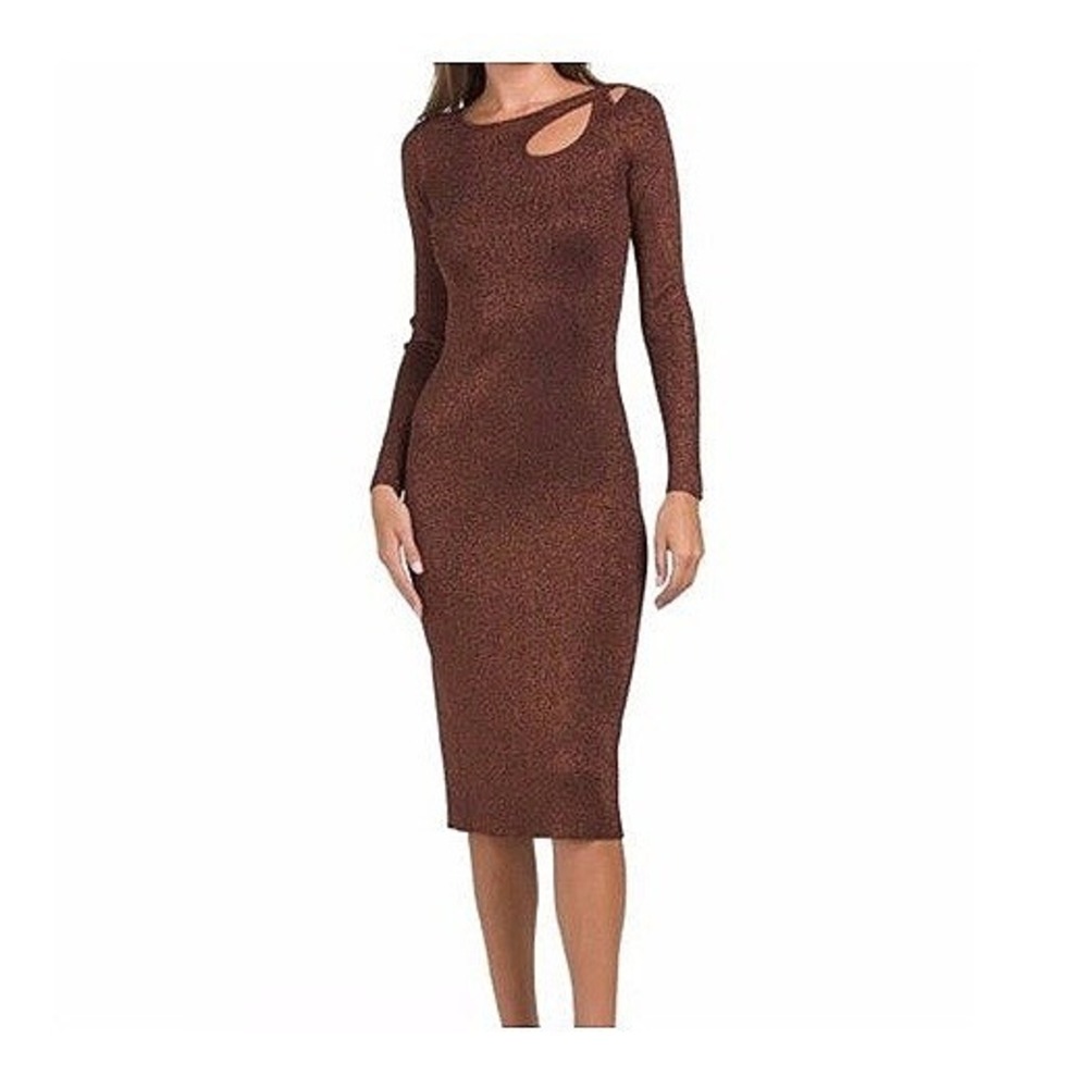 Women's Elie Tahari Metallic Rib-Knit Dress Cut Out Long Sleeves Dark Amethyst S